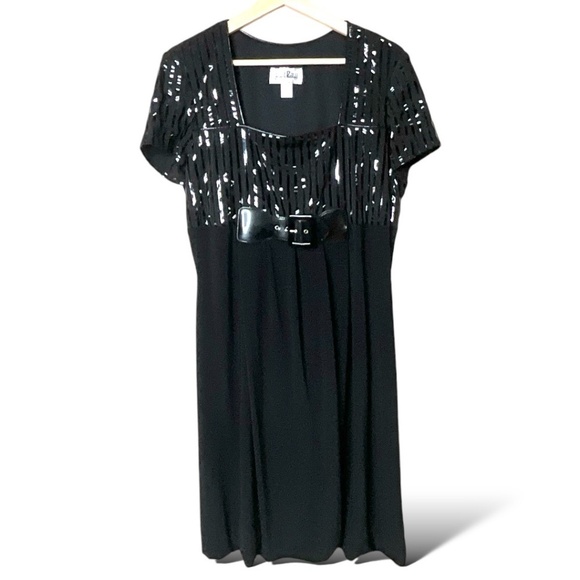 JOSEPH RIBKOFF Bubble Hem Empire Cut Square Neck Dress Black Patent Trim Sz 14 - Picture 4 of 13